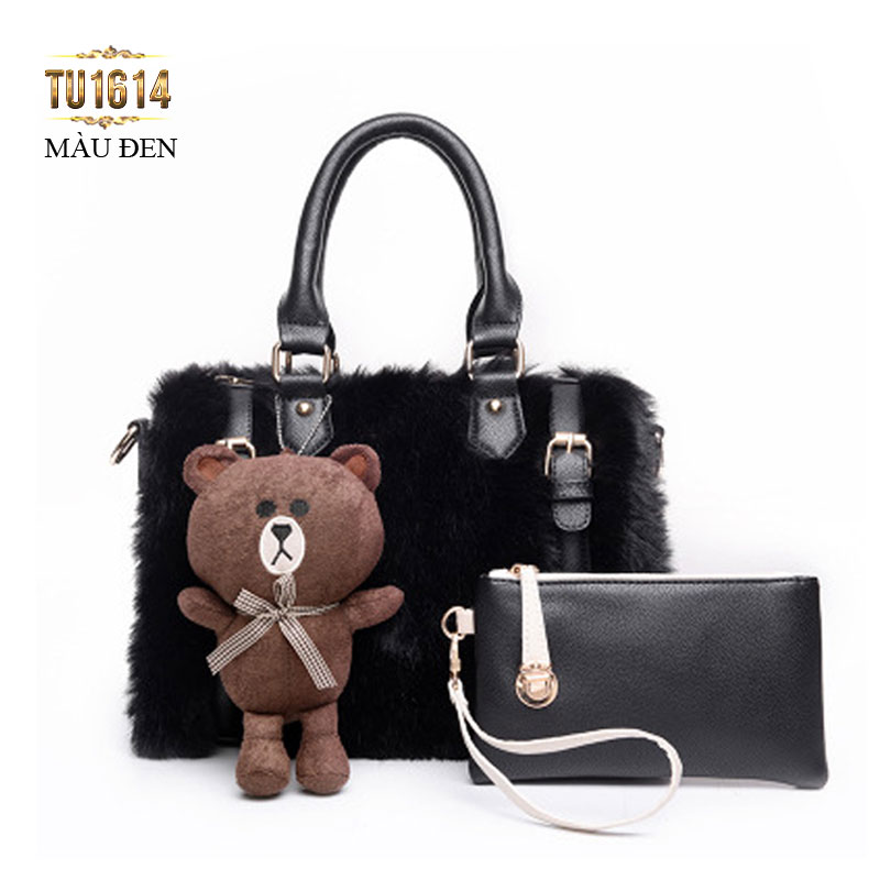 Bộ túi lông con gấu thời trang TU1614 (Màu đen)