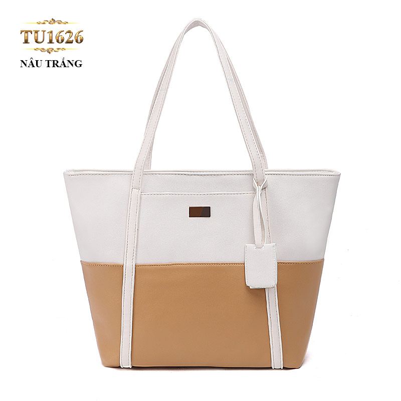 Túi tote da cao cấp phối màu thời trang TU1626 (Nâu trắng)